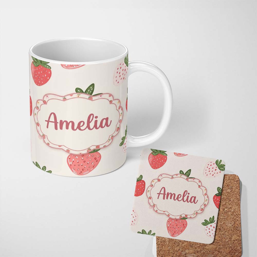Personalized Custom Name Cute Strawberry Floral Sweet Pastel Seamless Pattern Name Unique 11oz Ceramic Coffee Tea Mug White Large Handle