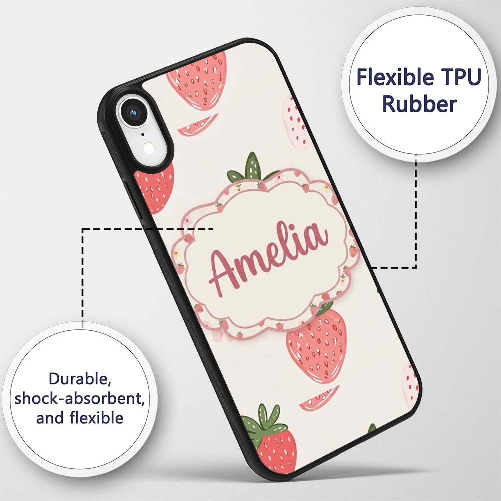 Cute Strawberry Floral Sweet Pastel Seamless Custom Name Protective Phone Case Mobile Cover Durable Everyday Smartphone Shock Resistant