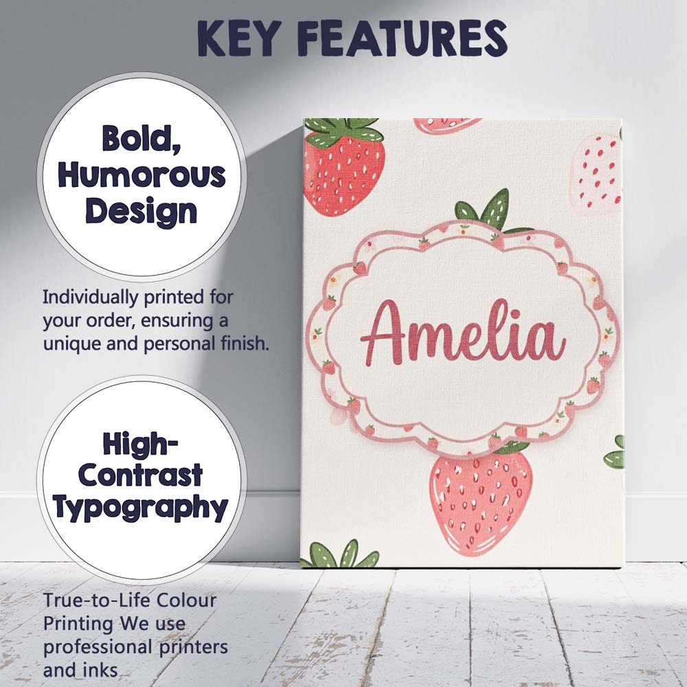 Personalised Name Cute Strawberry Floral Custom Unique Gift Idea Elegant Feature Canvas Wall Art Print Decor Picture Ready to Hang