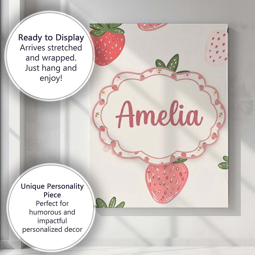 Personalised Name Cute Strawberry Floral Custom Unique Gift Idea Elegant Feature Canvas Wall Art Print Decor Picture Ready to Hang