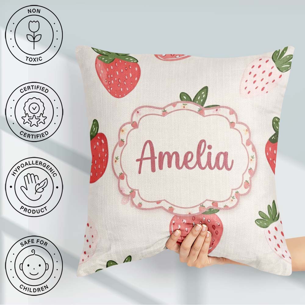 Custom Name Strawberry Floral Sweet Pastel Seamless Pattern Name Square Filled Cushion Throw Pillow Sofa Bed Home Decor Zip Washable UK Made
