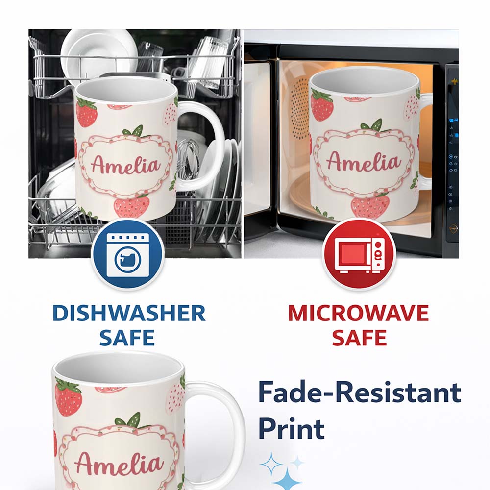 Personalized Custom Name Cute Strawberry Floral Sweet Pastel Seamless Pattern Name Unique 11oz Ceramic Coffee Tea Mug White Large Handle