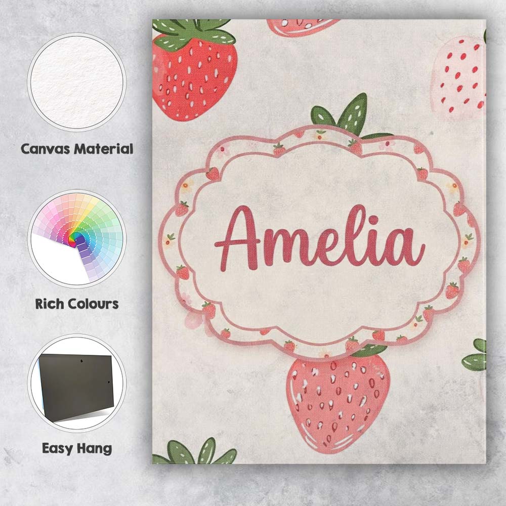 Personalised Name Cute Strawberry Floral Custom Unique Gift Idea Elegant Feature Canvas Wall Art Print Decor Picture Ready to Hang