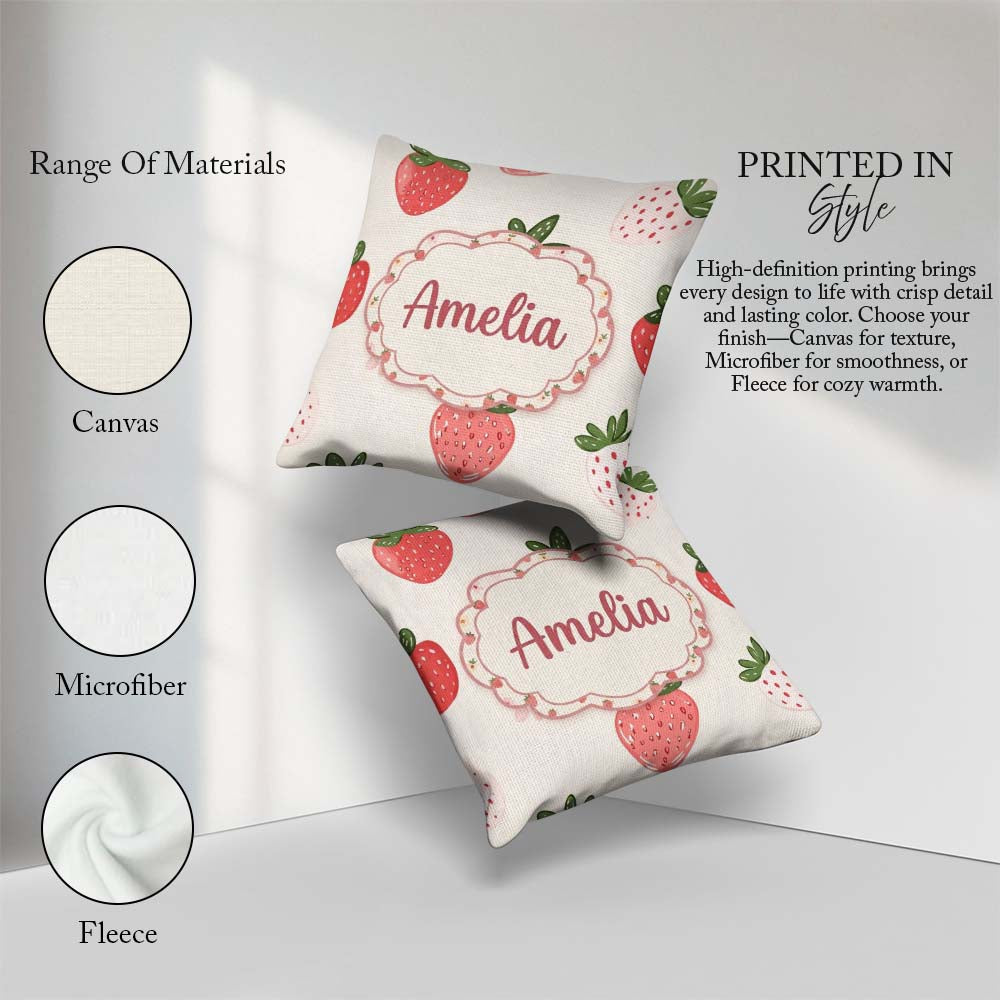 Custom Name Strawberry Floral Sweet Pastel Seamless Pattern Name Square Filled Cushion Throw Pillow Sofa Bed Home Decor Zip Washable UK Made
