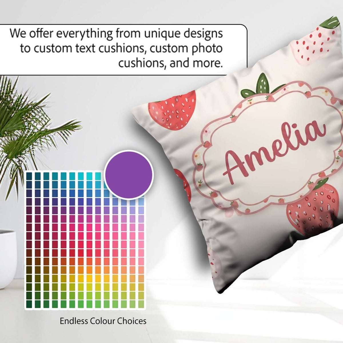 Custom Name Strawberry Floral Sweet Pastel Seamless Pattern Name Square Filled Cushion Throw Pillow Sofa Bed Home Decor Zip Washable UK Made