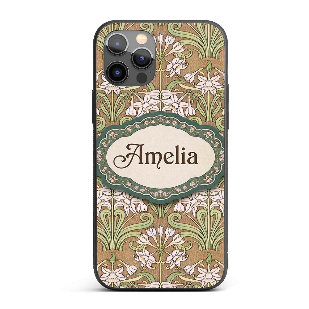 Vintage Floral Art Nouveau Lily Printed Design Custom Name Protective Phone Case Mobile Cover Durable Everyday Smartphone Shock Resistant