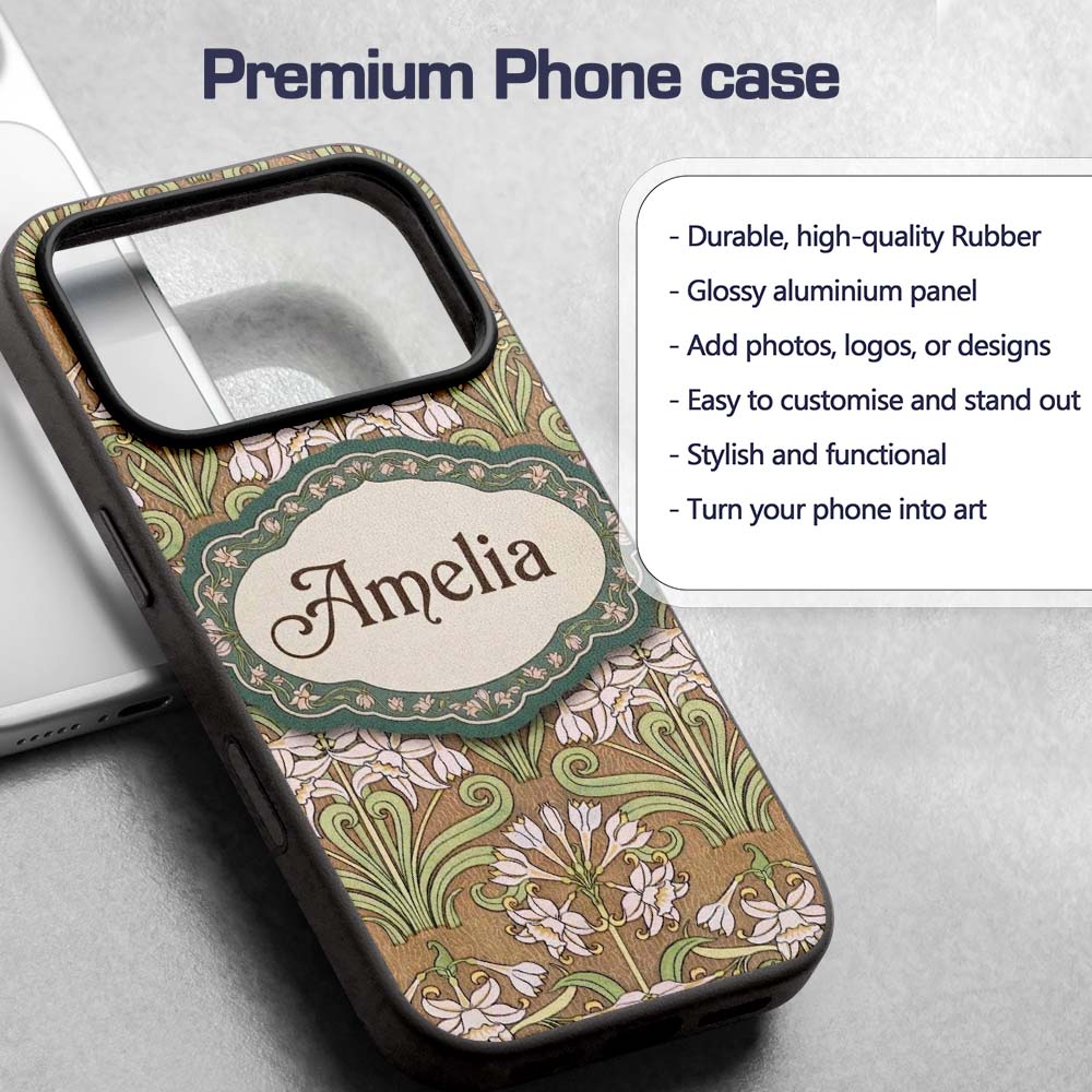 Vintage Floral Art Nouveau Lily Printed Design Custom Name Protective Phone Case Mobile Cover Durable Everyday Smartphone Shock Resistant