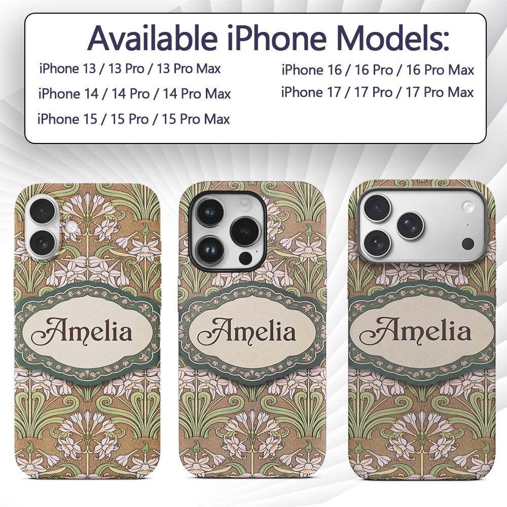 Vintage Floral Art Nouveau Lily Printed Design Custom Name Protective Phone Case Mobile Cover Durable Everyday Smartphone Shock Resistant