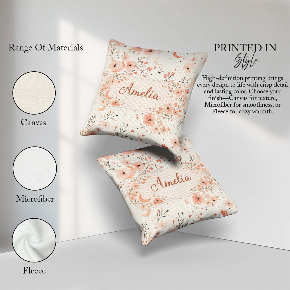 Custom Name Peach Floral Moon Seamless Pattern Stylish Everyday Square Filled Cushion Throw Pillow Sofa Bed Home Decor Zip Washable UK Made