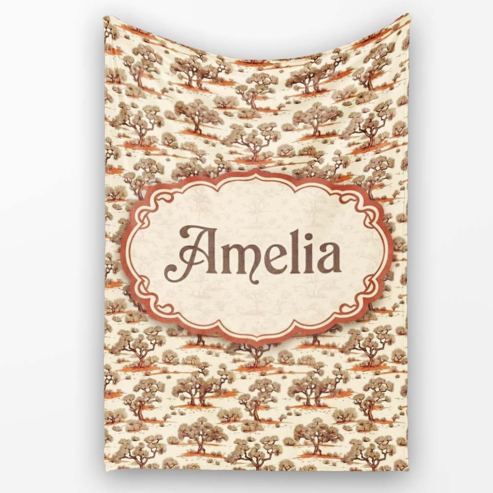 Rustic Desert Tree Scenic Repeat Seamless Pattern Name Cute Unique Personalised Custom Name Super Soft Fleece Blanket Bed Sofa Throw