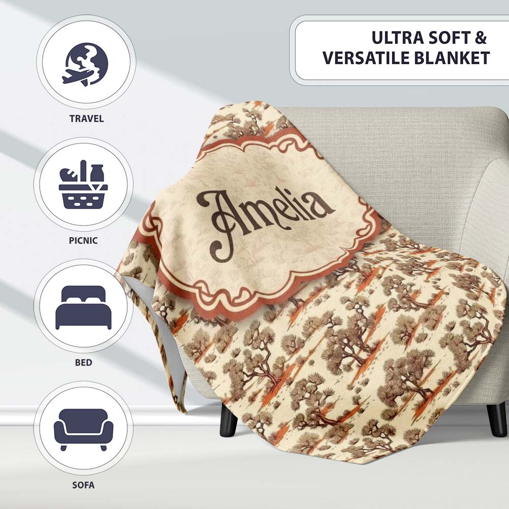 Rustic Desert Tree Scenic Repeat Seamless Pattern Name Cute Unique Personalised Custom Name Super Soft Fleece Blanket Bed Sofa Throw