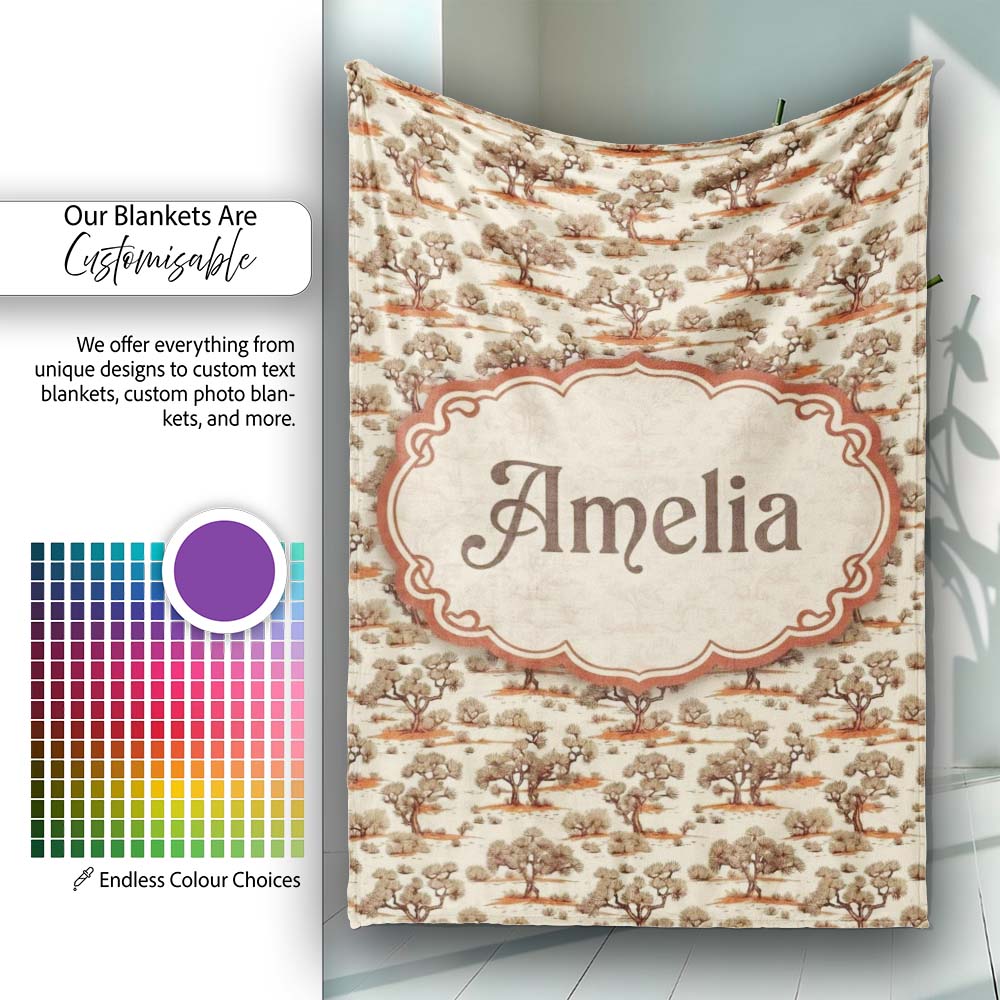 Rustic Desert Tree Scenic Repeat Seamless Pattern Name Cute Unique Personalised Custom Name Super Soft Fleece Blanket Bed Sofa Throw