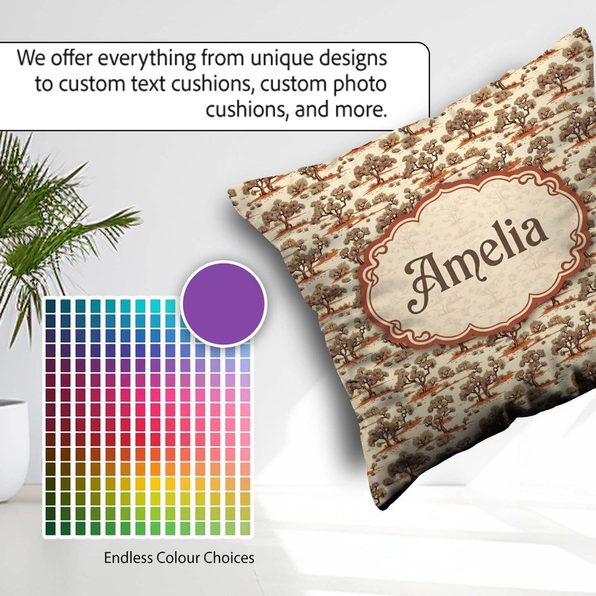 Custom Name Rustic Desert Tree Scenic Seamless Pattern Name Cute Square Filled Cushion Throw Pillow Sofa Bed Home Decor Zip Washable UK Made