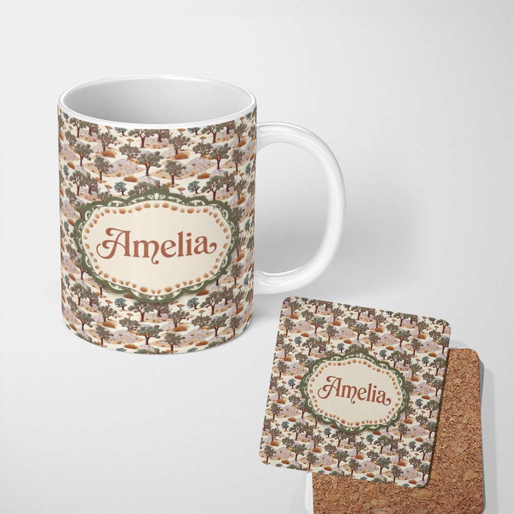 Personalized Custom Name Desert Oasis Trees Rocks Scenic Seamless Pattern Name Cute Unique 11oz Ceramic Coffee Tea Mug White Large Handle
