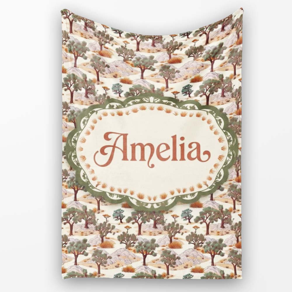 Desert Oasis Trees Rocks Scenic Seamless Pattern Name Cute Unique Personalised Custom Name Super Soft Fleece Blanket Bed Sofa Throw