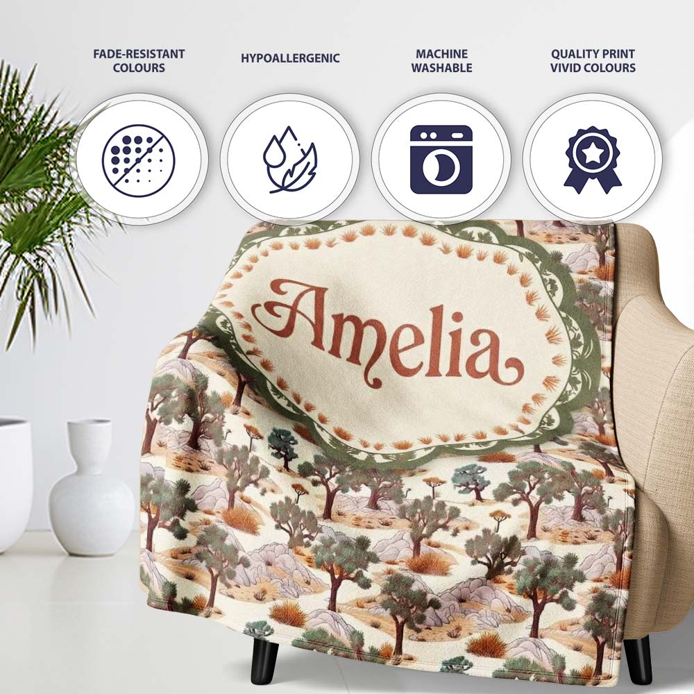Desert Oasis Trees Rocks Scenic Seamless Pattern Name Cute Unique Personalised Custom Name Super Soft Fleece Blanket Bed Sofa Throw