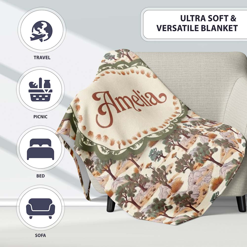 Desert Oasis Trees Rocks Scenic Seamless Pattern Name Cute Unique Personalised Custom Name Super Soft Fleece Blanket Bed Sofa Throw