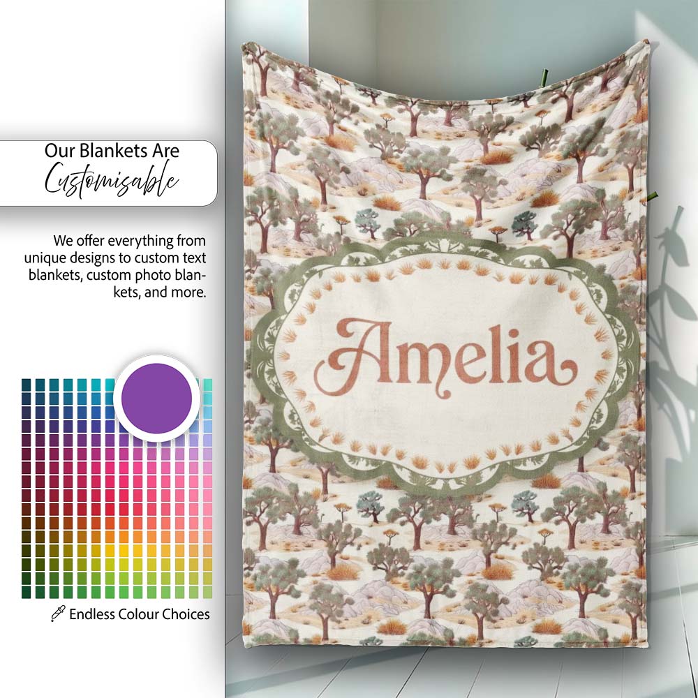 Desert Oasis Trees Rocks Scenic Seamless Pattern Name Cute Unique Personalised Custom Name Super Soft Fleece Blanket Bed Sofa Throw