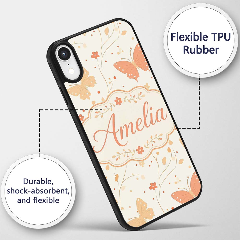 Soft Peach Butterfly Floral Elegant Seamless Custom Name Protective Phone Case Mobile Cover Durable Everyday Smartphone Shock Resistant