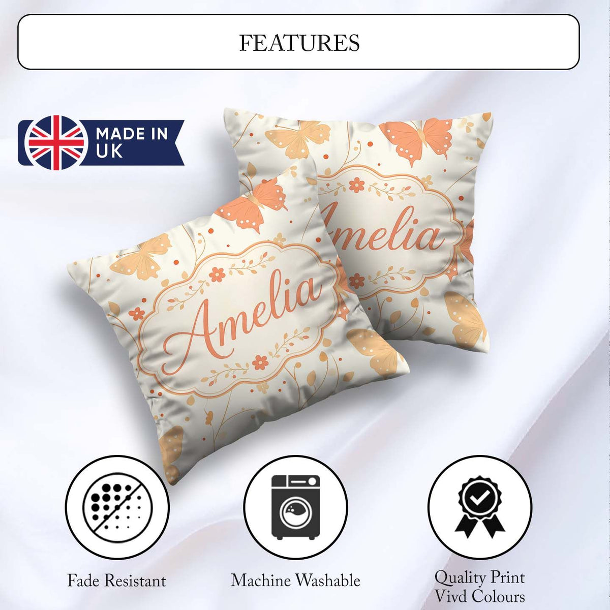 Custom Name Soft Peach Floral Elegant Seamless Pattern Name Cute Square Filled Cushion Throw Pillow Sofa Bed Home Decor Zip Washable UK Made