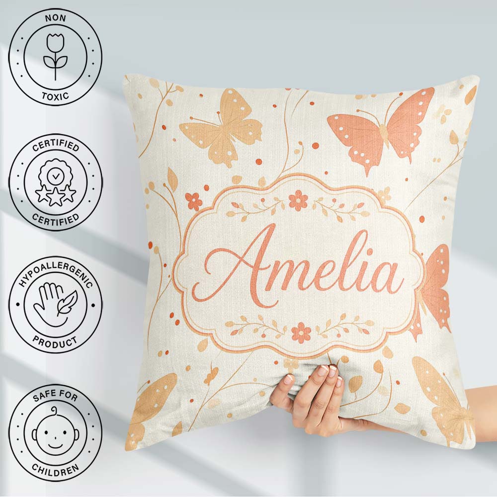 Custom Name Soft Peach Floral Elegant Seamless Pattern Name Cute Square Filled Cushion Throw Pillow Sofa Bed Home Decor Zip Washable UK Made