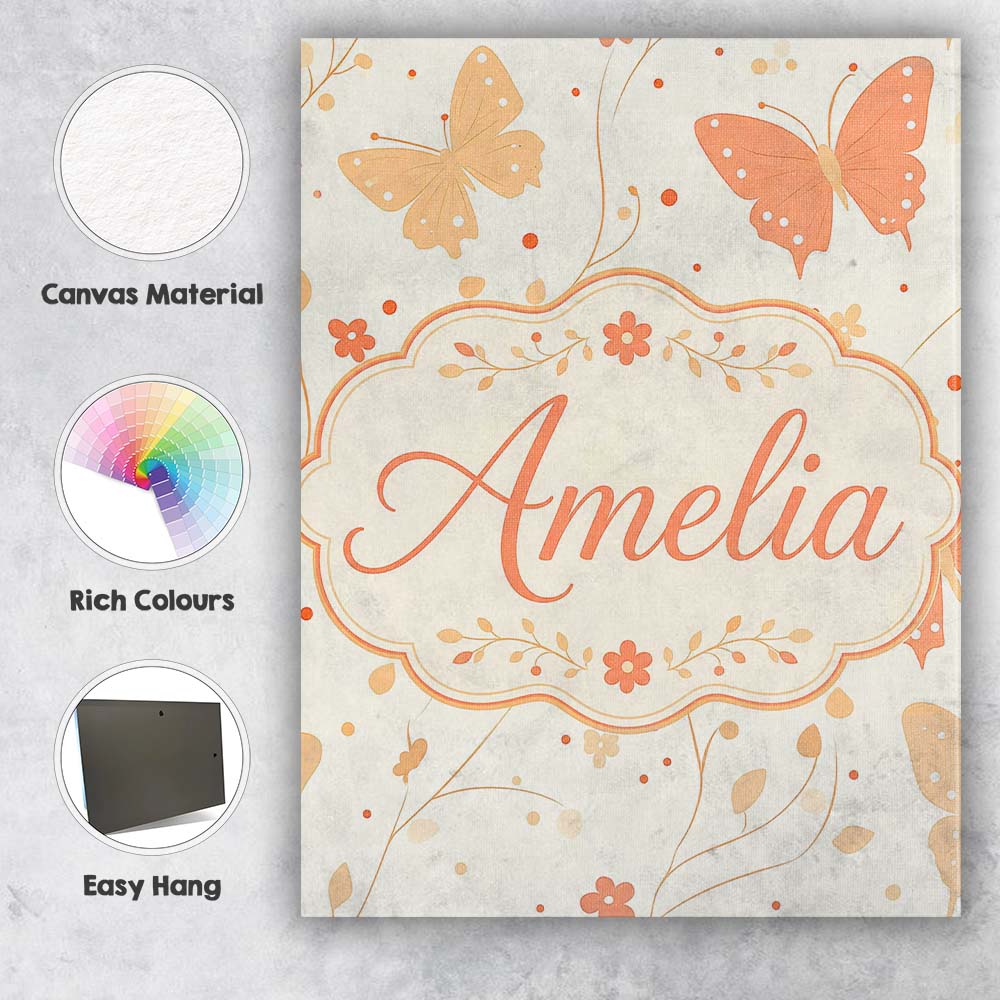 Personalised Name Soft Peach Butterfly Custom Modern Room Accent Elegant Feature Canvas Wall Art Print Decor Picture Ready to Hang