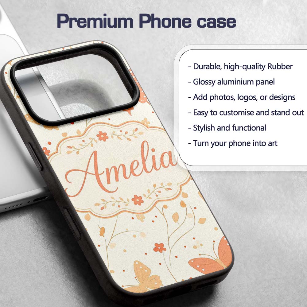 Soft Peach Butterfly Floral Elegant Seamless Custom Name Protective Phone Case Mobile Cover Durable Everyday Smartphone Shock Resistant