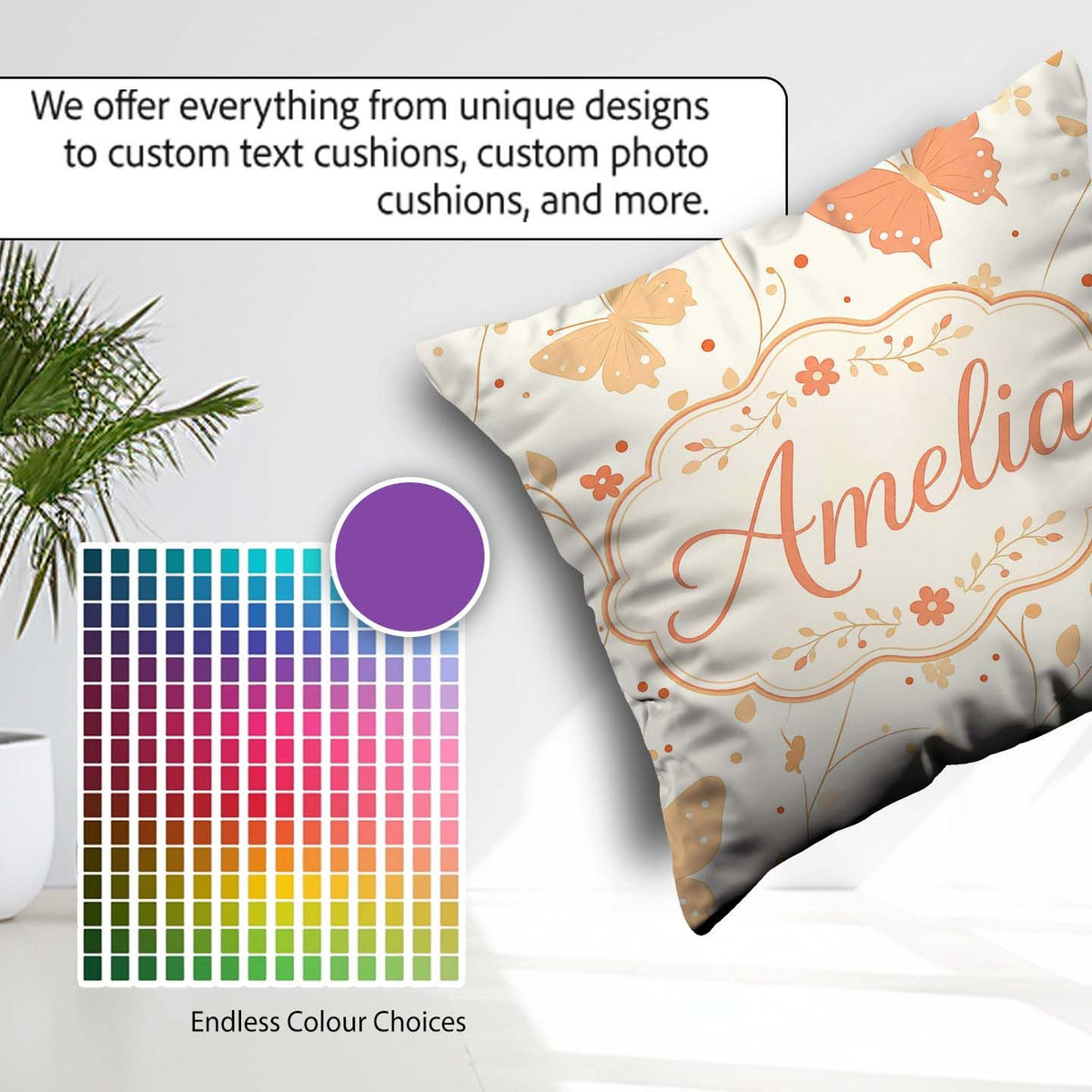 Custom Name Soft Peach Floral Elegant Seamless Pattern Name Cute Square Filled Cushion Throw Pillow Sofa Bed Home Decor Zip Washable UK Made