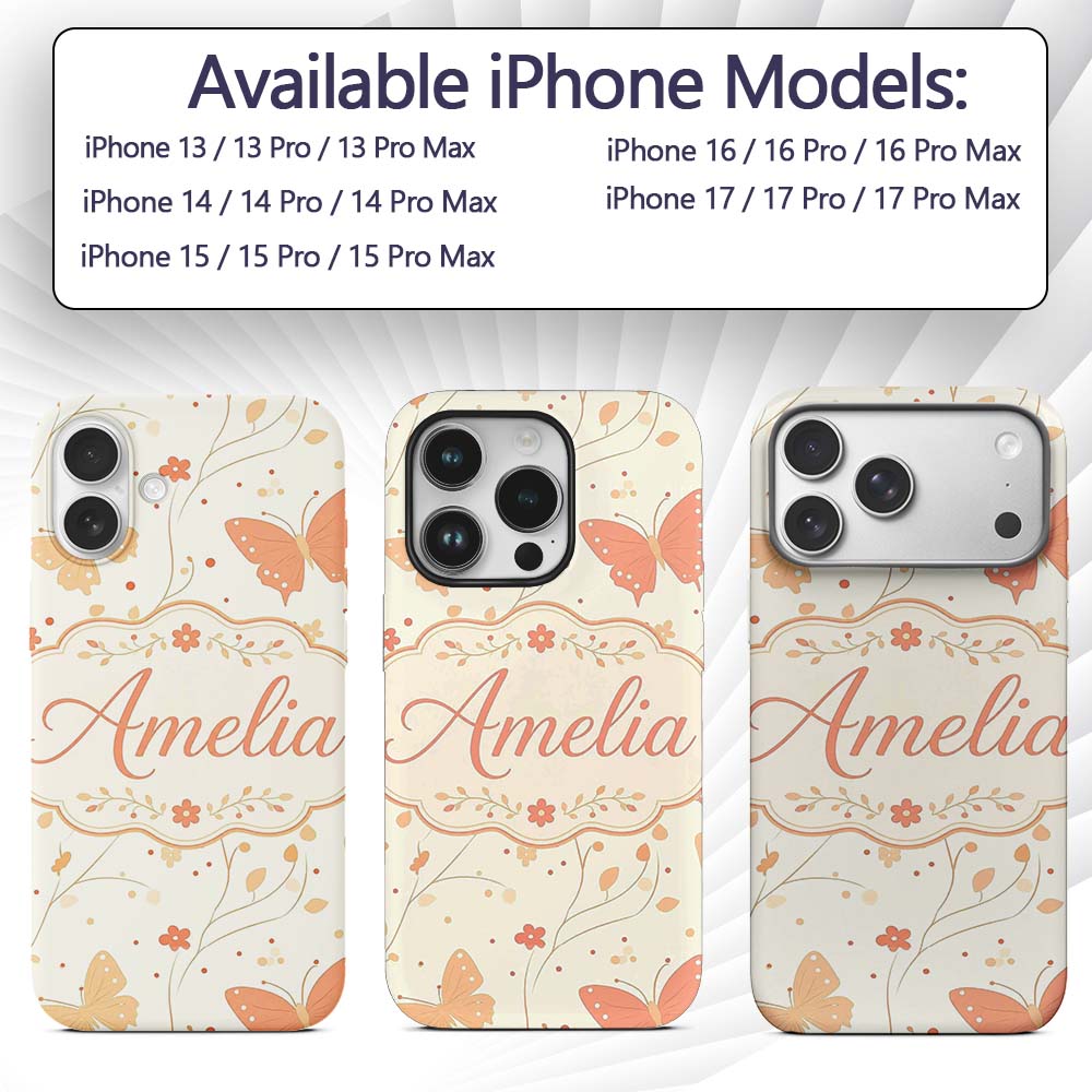 Soft Peach Butterfly Floral Elegant Seamless Custom Name Protective Phone Case Mobile Cover Durable Everyday Smartphone Shock Resistant