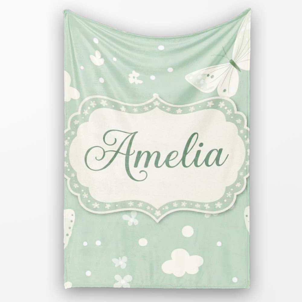 Mint Green Butterfly Soft Dreamy Seamless Pattern Name Cute Unique Personalised Custom Name Super Soft Fleece Blanket Bed Sofa Throw