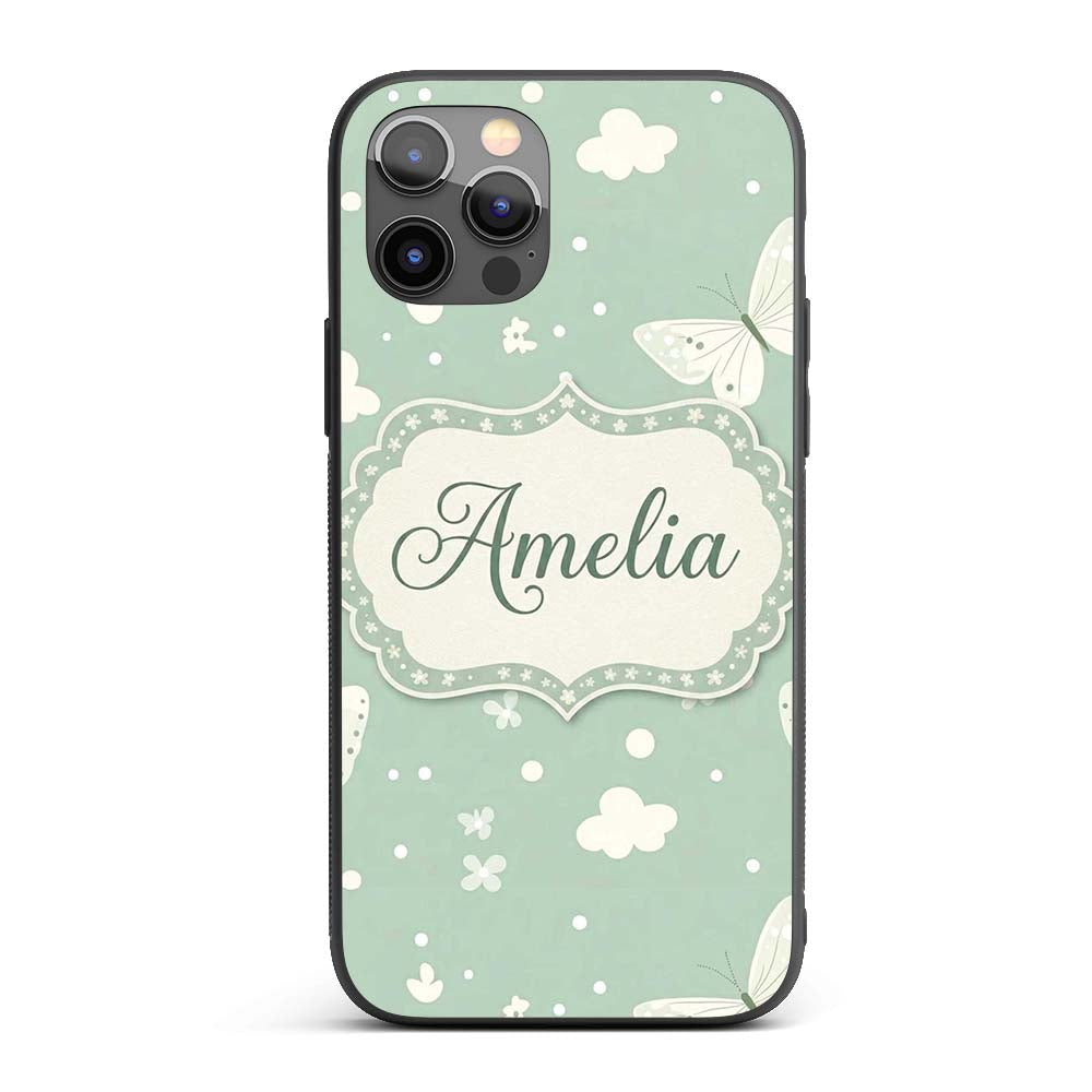 Mint Green Butterfly Soft Dreamy Seamless Pattern Custom Name Protective Phone Case Mobile Cover Durable Everyday Smartphone Shock Resistant