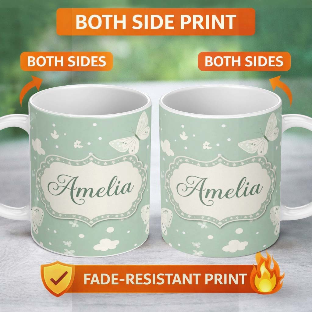 Personalized Custom Name Mint Green Butterfly Soft Dreamy Seamless Pattern Name Cute Unique 11oz Ceramic Coffee Tea Mug White Large Handle