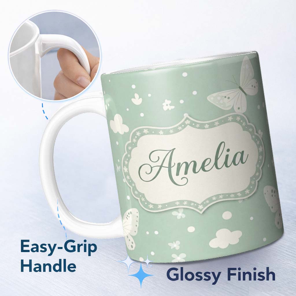 Personalized Custom Name Mint Green Butterfly Soft Dreamy Seamless Pattern Name Cute Unique 11oz Ceramic Coffee Tea Mug White Large Handle