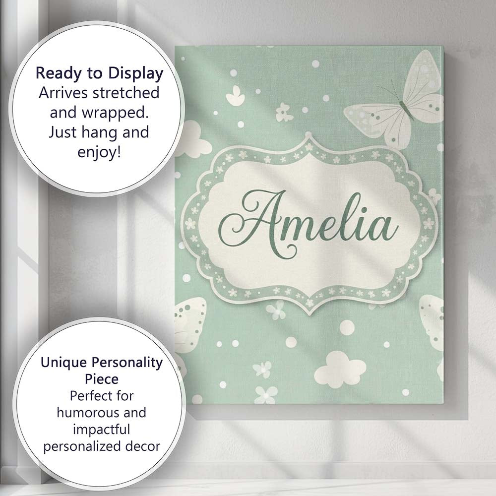 Personalised Name Mint Green Butterfly Soft Custom Bespoke Interior Contemporary Canvas Wall Art Print Decor Picture Ready to Hang