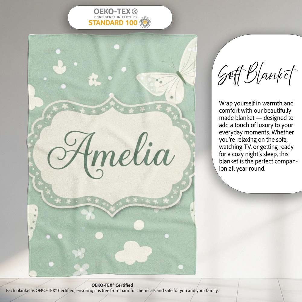 Mint Green Butterfly Soft Dreamy Seamless Pattern Name Cute Unique Personalised Custom Name Super Soft Fleece Blanket Bed Sofa Throw