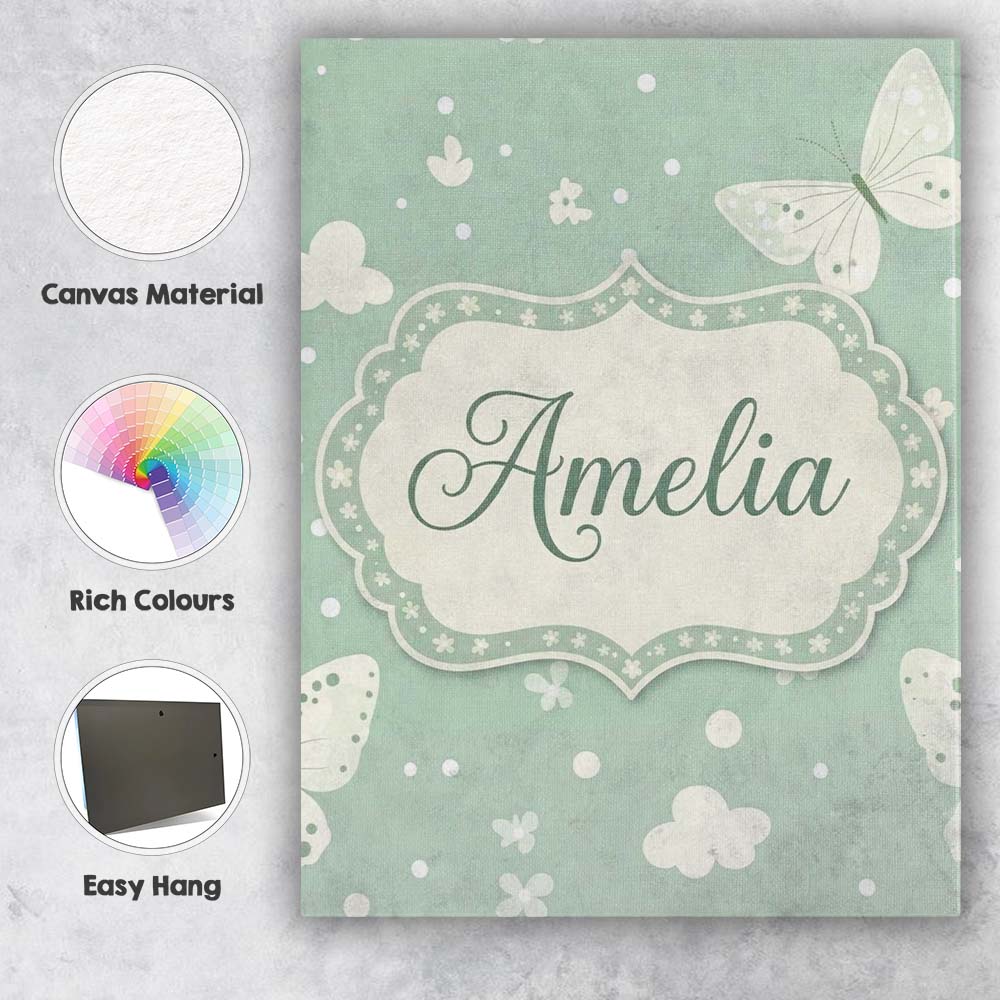 Personalised Name Mint Green Butterfly Soft Custom Bespoke Interior Contemporary Canvas Wall Art Print Decor Picture Ready to Hang