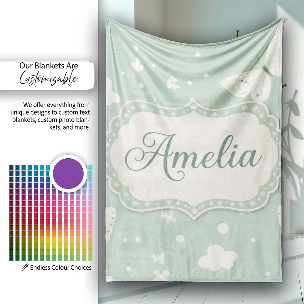 Mint Green Butterfly Soft Dreamy Seamless Pattern Name Cute Unique Personalised Custom Name Super Soft Fleece Blanket Bed Sofa Throw