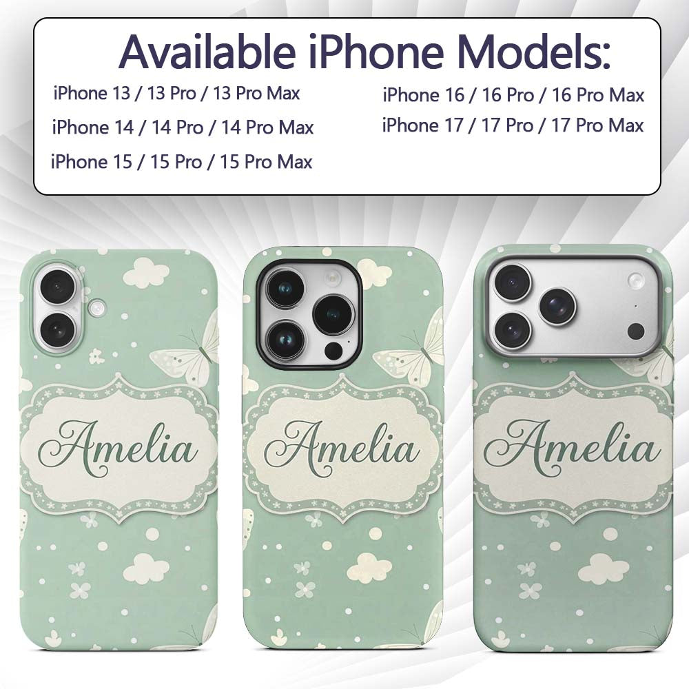 Mint Green Butterfly Soft Dreamy Seamless Pattern Custom Name Protective Phone Case Mobile Cover Durable Everyday Smartphone Shock Resistant