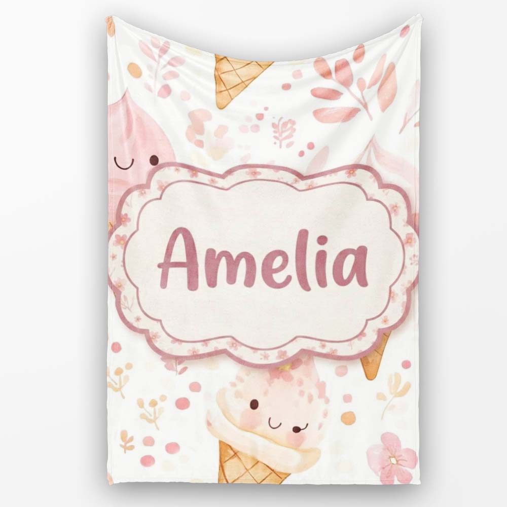 Cute Kawaii Ice Cream Floral Sweet Seamless Pattern Name Unique Gift Personalised Custom Name Super Soft Fleece Blanket Bed Sofa Throw