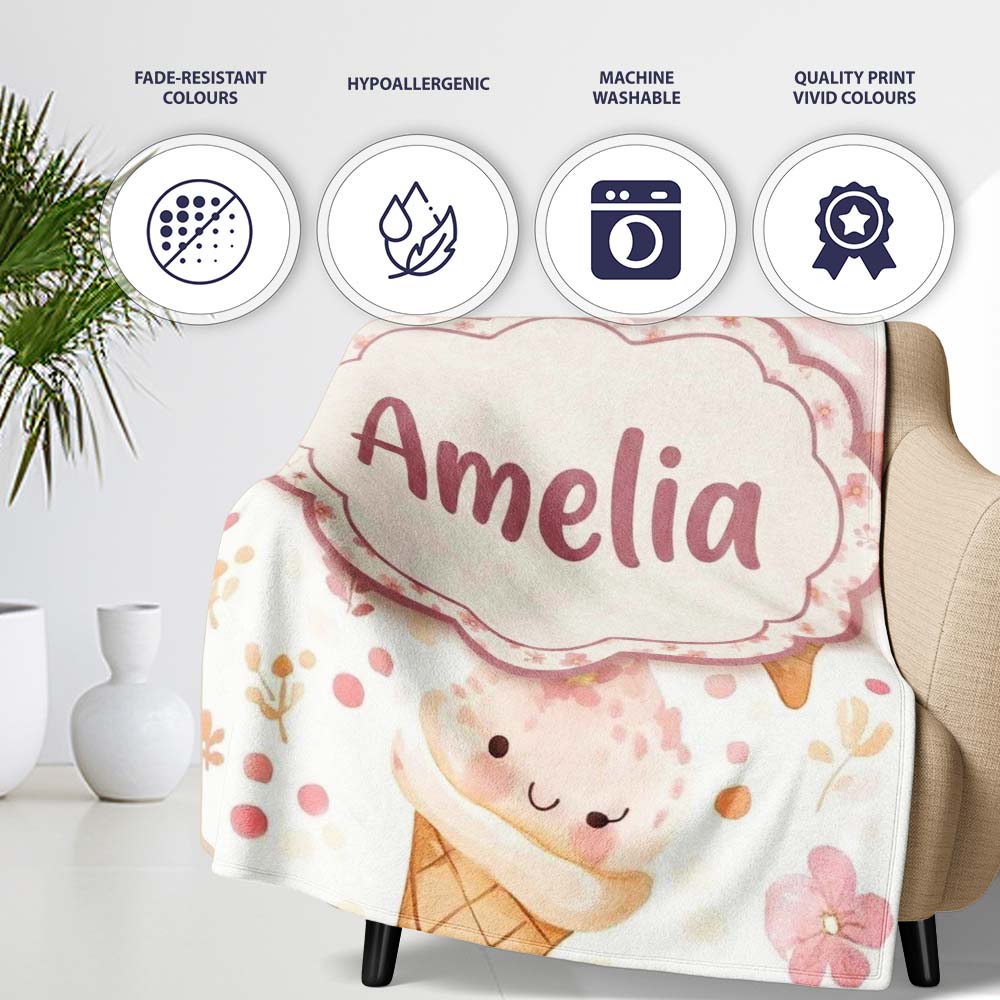 Cute Kawaii Ice Cream Floral Sweet Seamless Pattern Name Unique Gift Personalised Custom Name Super Soft Fleece Blanket Bed Sofa Throw