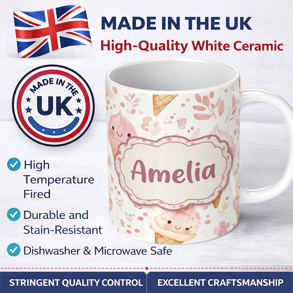 Personalized Custom Name Cute Kawaii Ice Cream Floral Sweet Seamless Pattern Name Unique Gift 11oz Ceramic Coffee Tea Mug White Large Handle