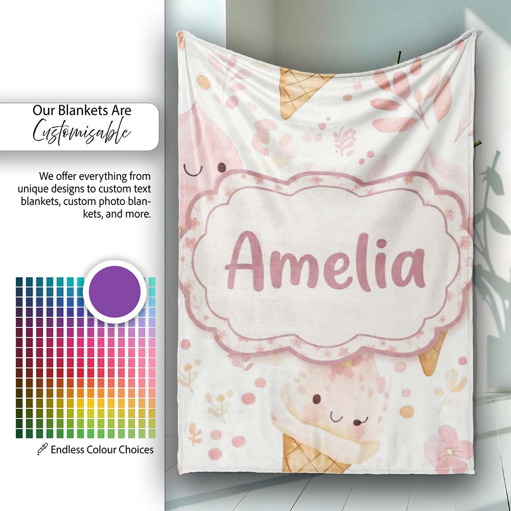 Cute Kawaii Ice Cream Floral Sweet Seamless Pattern Name Unique Gift Personalised Custom Name Super Soft Fleece Blanket Bed Sofa Throw