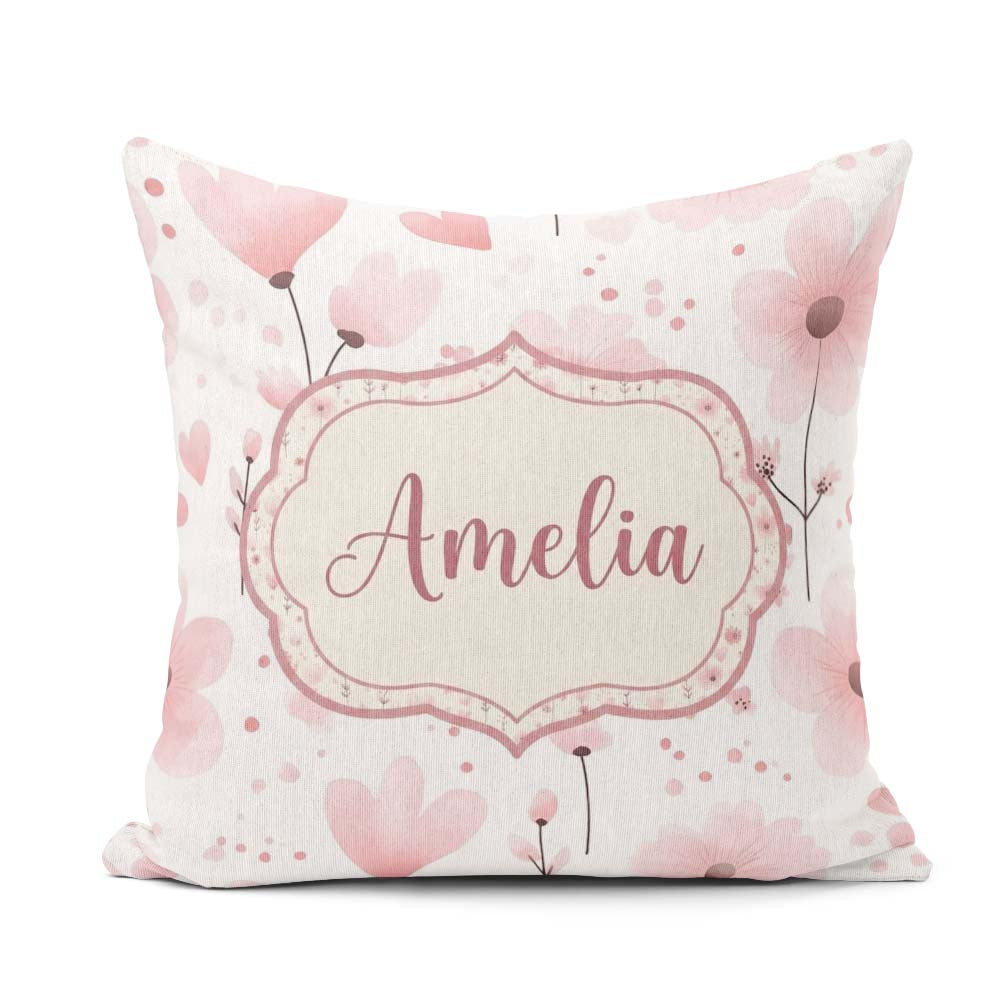 Custom Name Soft Pink Floral Blossom Romantic Seamless Name Cute Square Filled Cushion Throw Pillow Sofa Bed Home Decor Zip Washable UK Made
