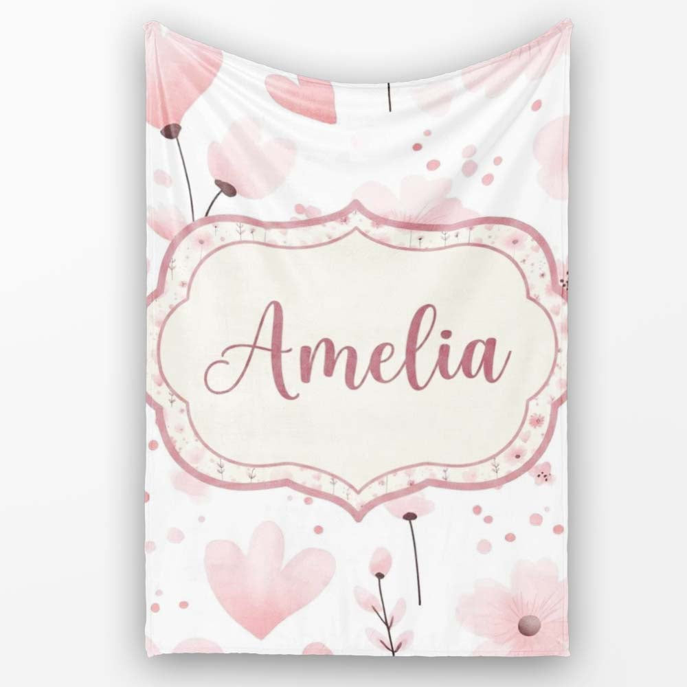 Soft Pink Floral Blossom Romantic Seamless Pattern Name Cute Unique Personalised Custom Name Super Soft Fleece Blanket Bed Sofa Throw