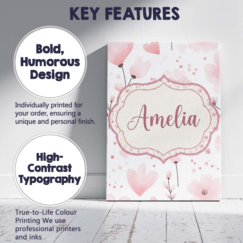 Personalised Name Soft Pink Floral Blossom Custom Unique Gift Idea Elegant Feature Canvas Wall Art Print Decor Picture Ready to Hang