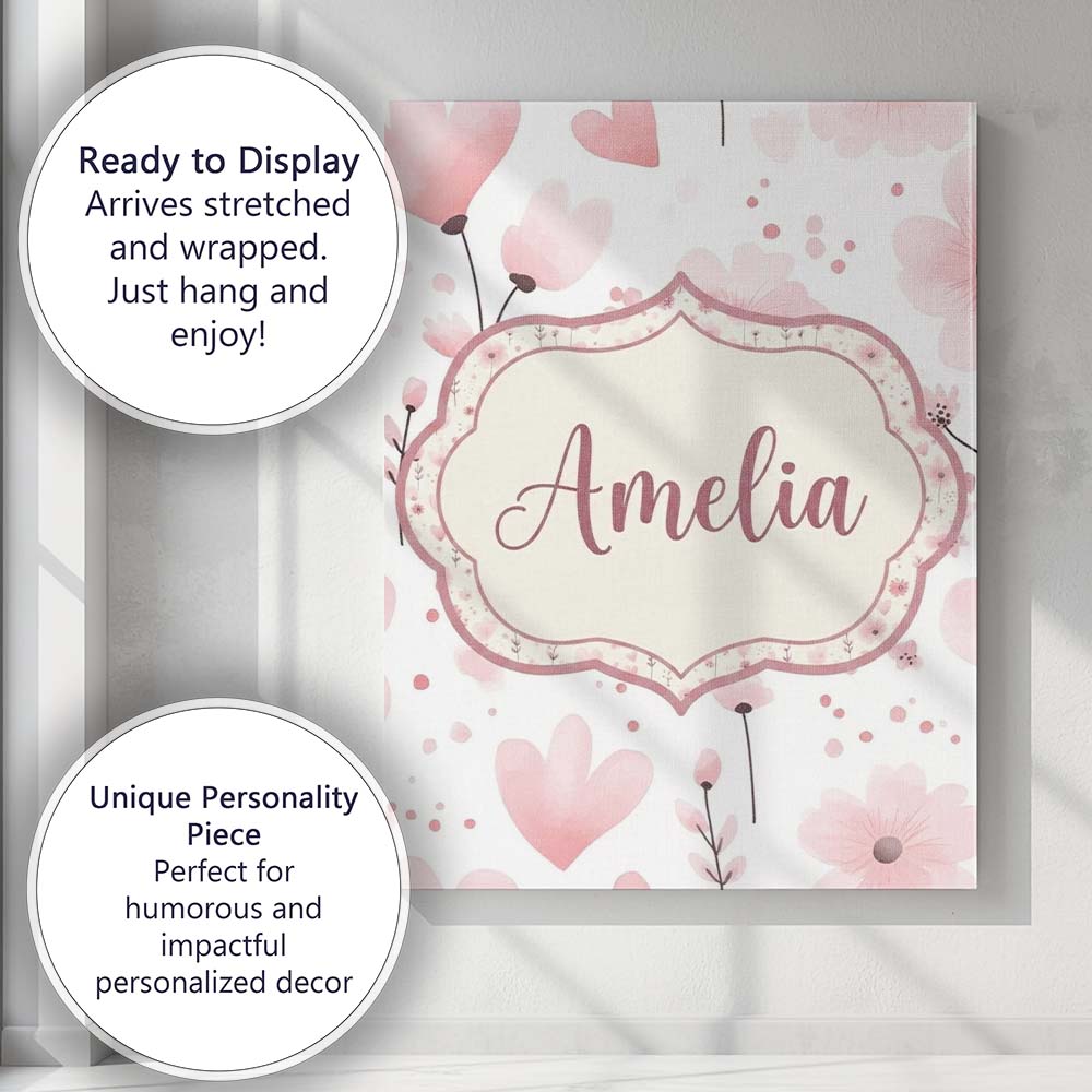 Personalised Name Soft Pink Floral Blossom Custom Unique Gift Idea Elegant Feature Canvas Wall Art Print Decor Picture Ready to Hang