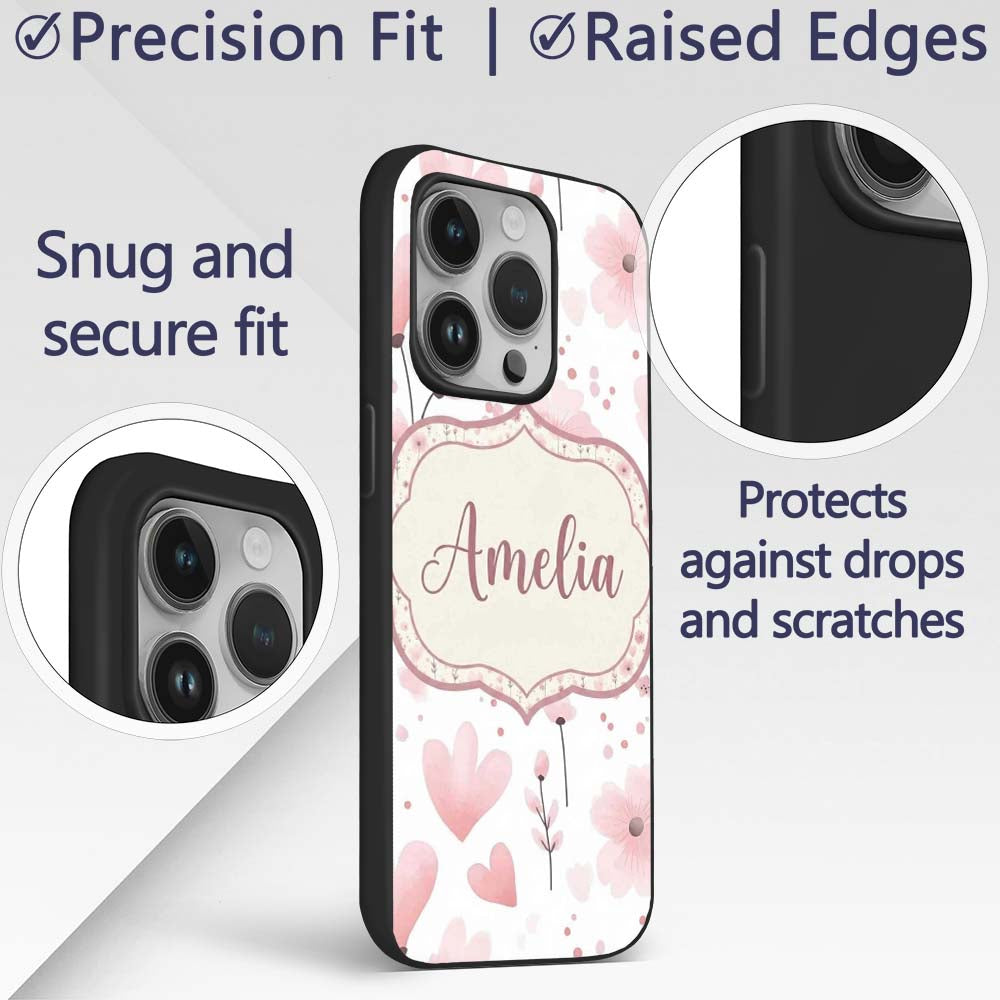 Soft Pink Floral Blossom Romantic Printed Design Custom Name Protective Phone Case Mobile Cover Durable Everyday Smartphone Shock Resistant