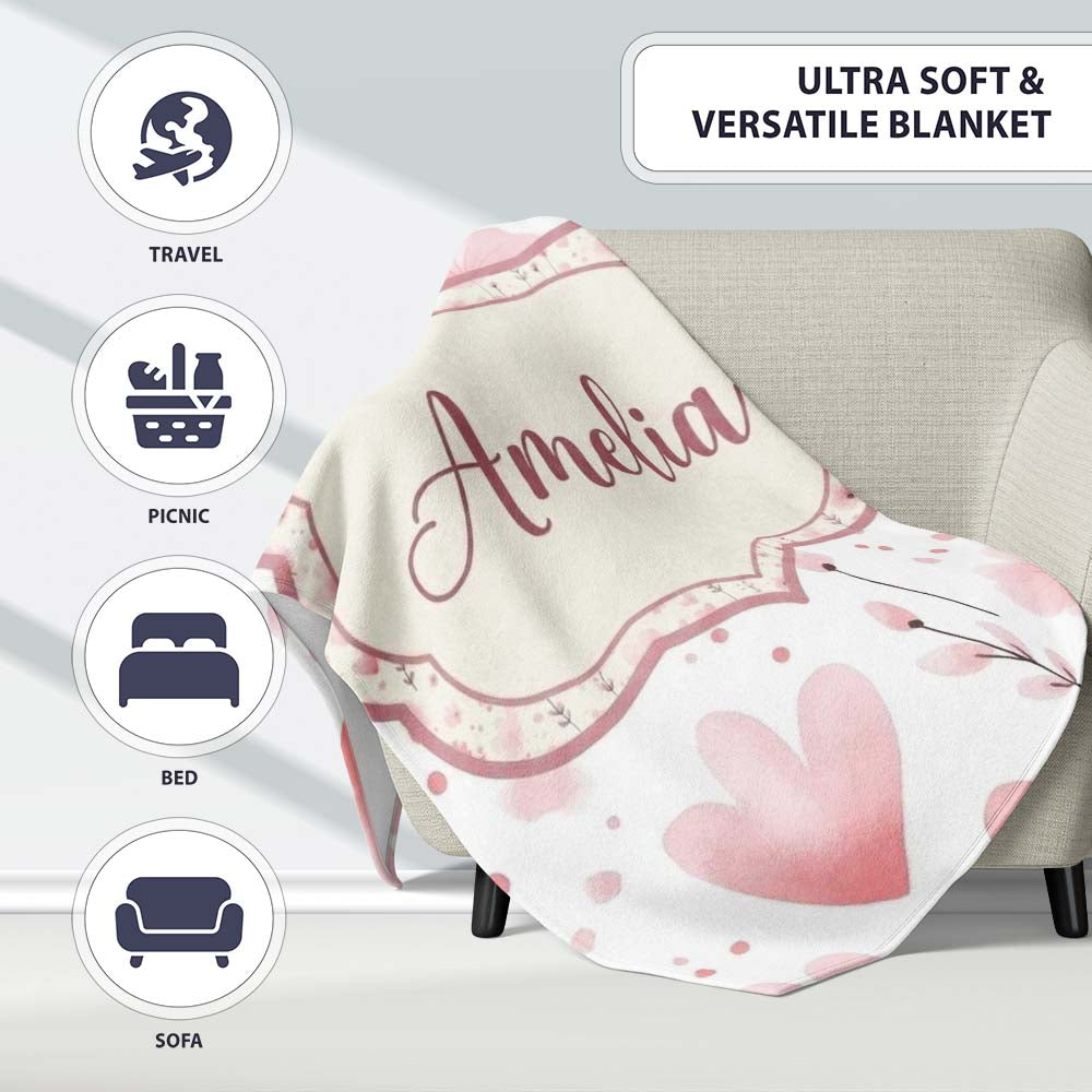 Soft Pink Floral Blossom Romantic Seamless Pattern Name Cute Unique Personalised Custom Name Super Soft Fleece Blanket Bed Sofa Throw