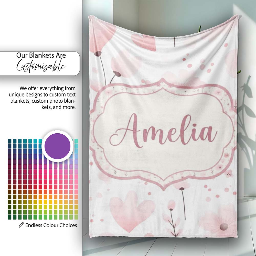 Soft Pink Floral Blossom Romantic Seamless Pattern Name Cute Unique Personalised Custom Name Super Soft Fleece Blanket Bed Sofa Throw