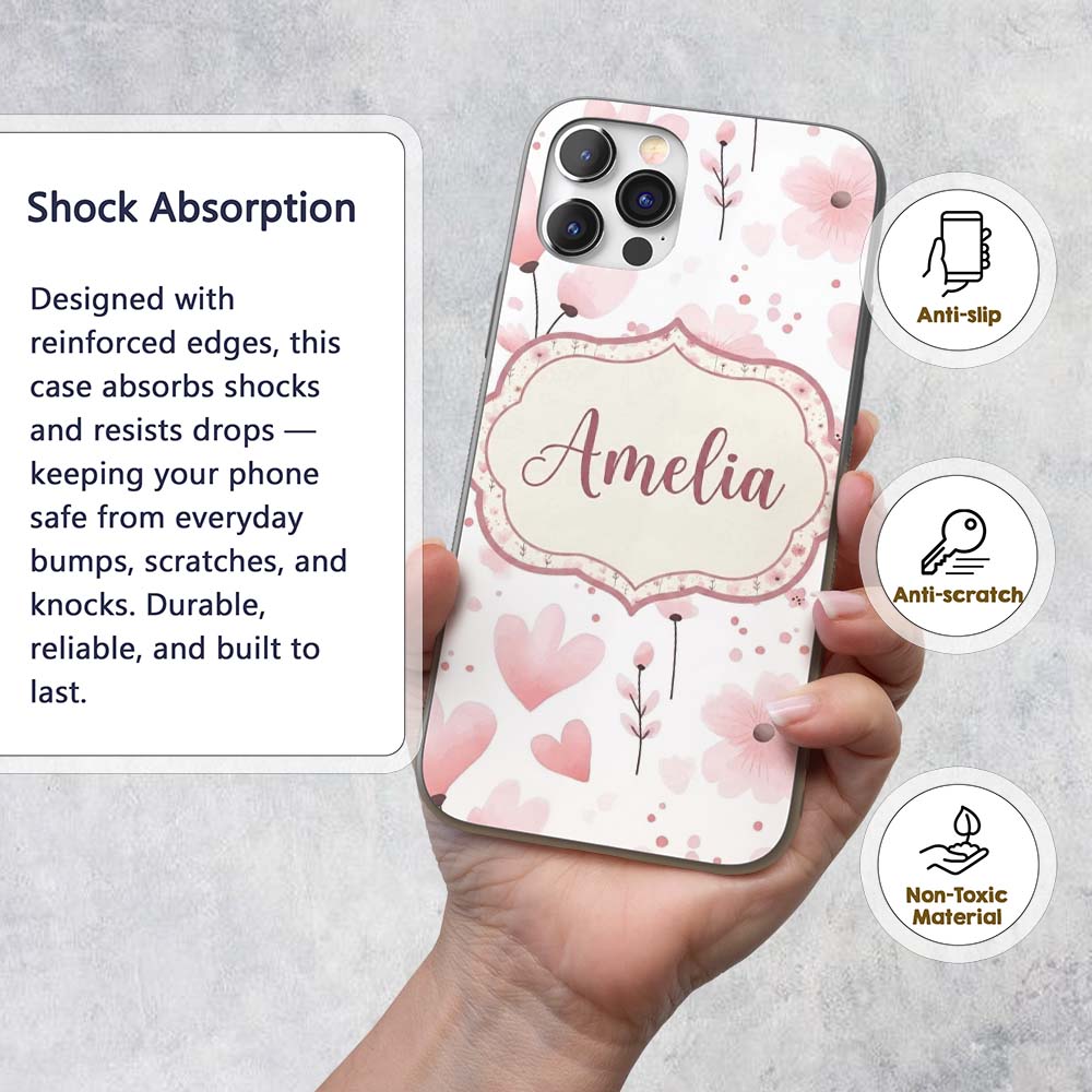 Soft Pink Floral Blossom Romantic Printed Design Custom Name Protective Phone Case Mobile Cover Durable Everyday Smartphone Shock Resistant